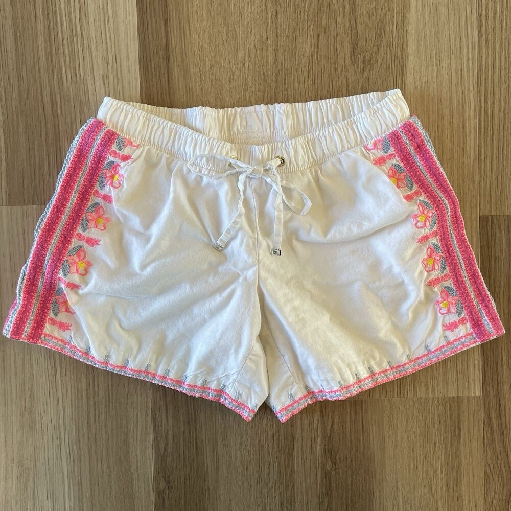 Lilly Pulitzer Womens XS Katia Floral Embroidered White Drawstring Shorts Resort